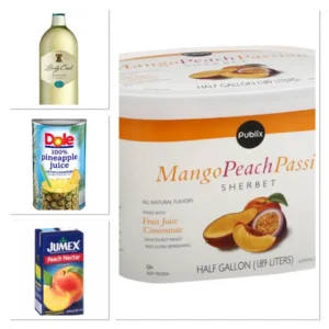 Ingredients to prepare Sherbet Sangria Punch Sherbet, pineapple juice and peach nectar.