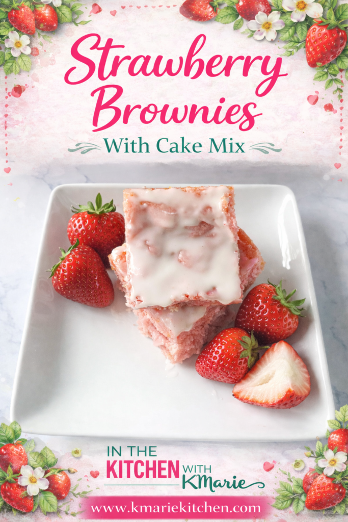 Strawberry Brownies cute on a pretty white square plate with strawberries 