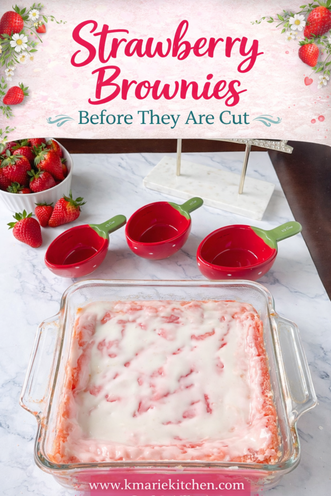 Strawberry Brownies made with cake mix and powder sugar glaze