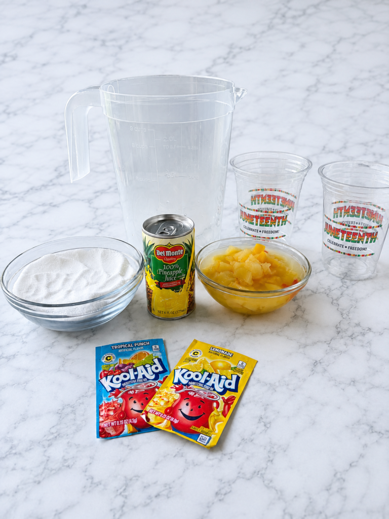 Ingredients for Juneteenth Red Punch including pineapple juice, crushed pineapple, sugar, tropical punch Kool-Aid, lemonade Kool-Aid, and serving cups on a marble background.
