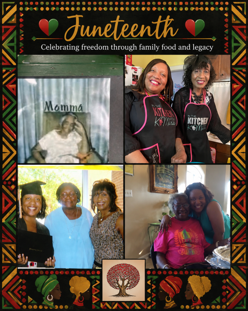 Juneteenth family collage featuring multiple generations of the Craig family from Faunsdale, Alabama, celebrating freedom, family legacy, faith, and heritage with an African-inspired border.