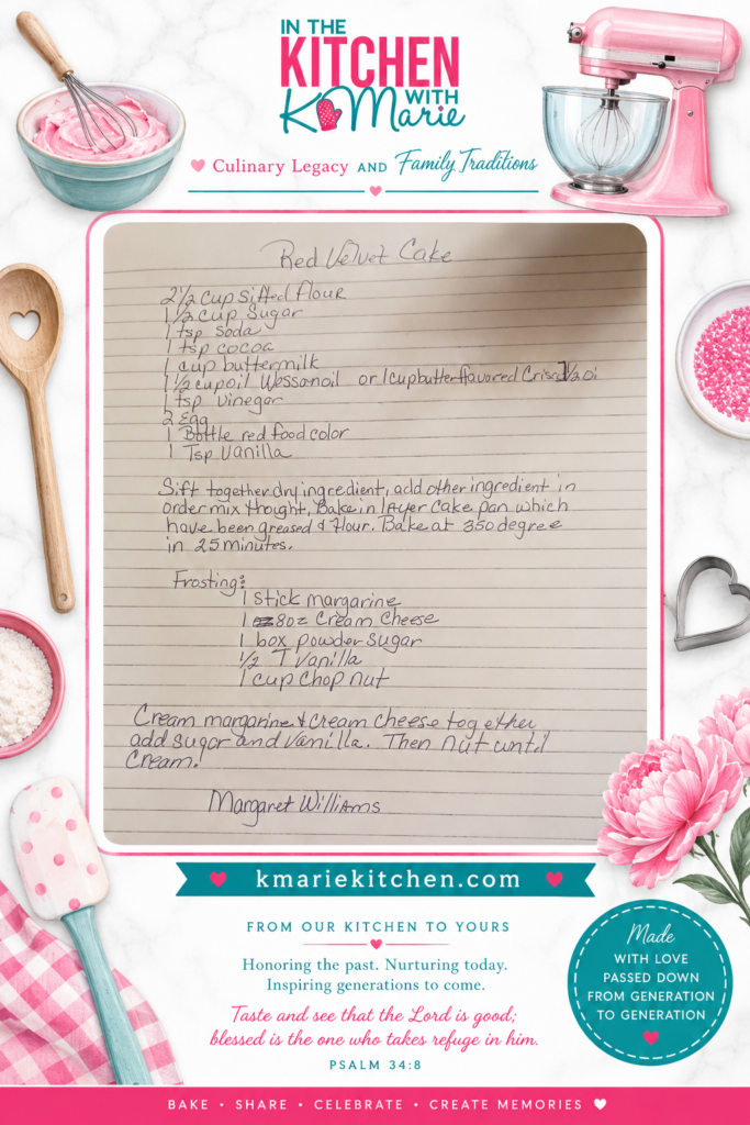 Handwritten family Red Velvet Cake recipe by Margaret Williams displayed in a pink, teal, and white baking-themed frame featuring the KMarie Kitchen logo, baking tools, and the message "Culinary Legacy and Family Traditions."