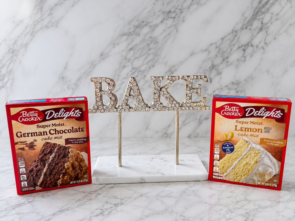 Betty Crocker German chocolate and lemon box cake mixes displayed beside a sparkling BAKE sign on a white marble background.