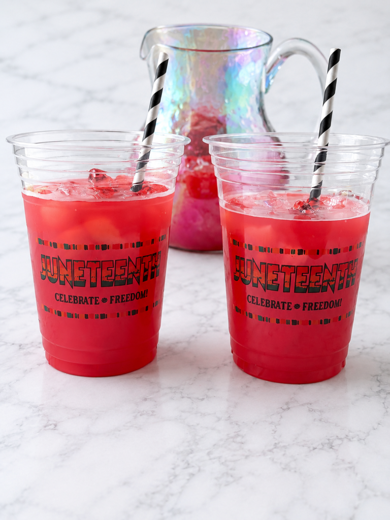Two cups of homemade Juneteenth Red Punch served over ice with striped paper straws on a marble background.