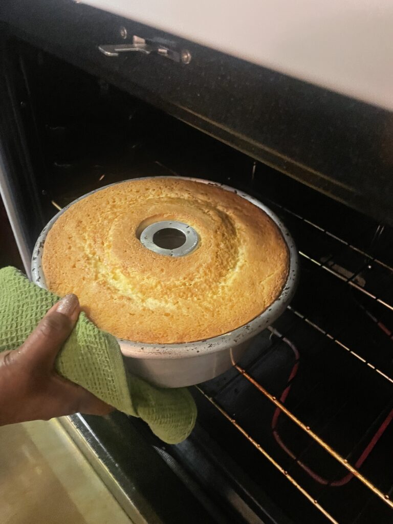 Fresh Homemade pound cake coming out the oven
