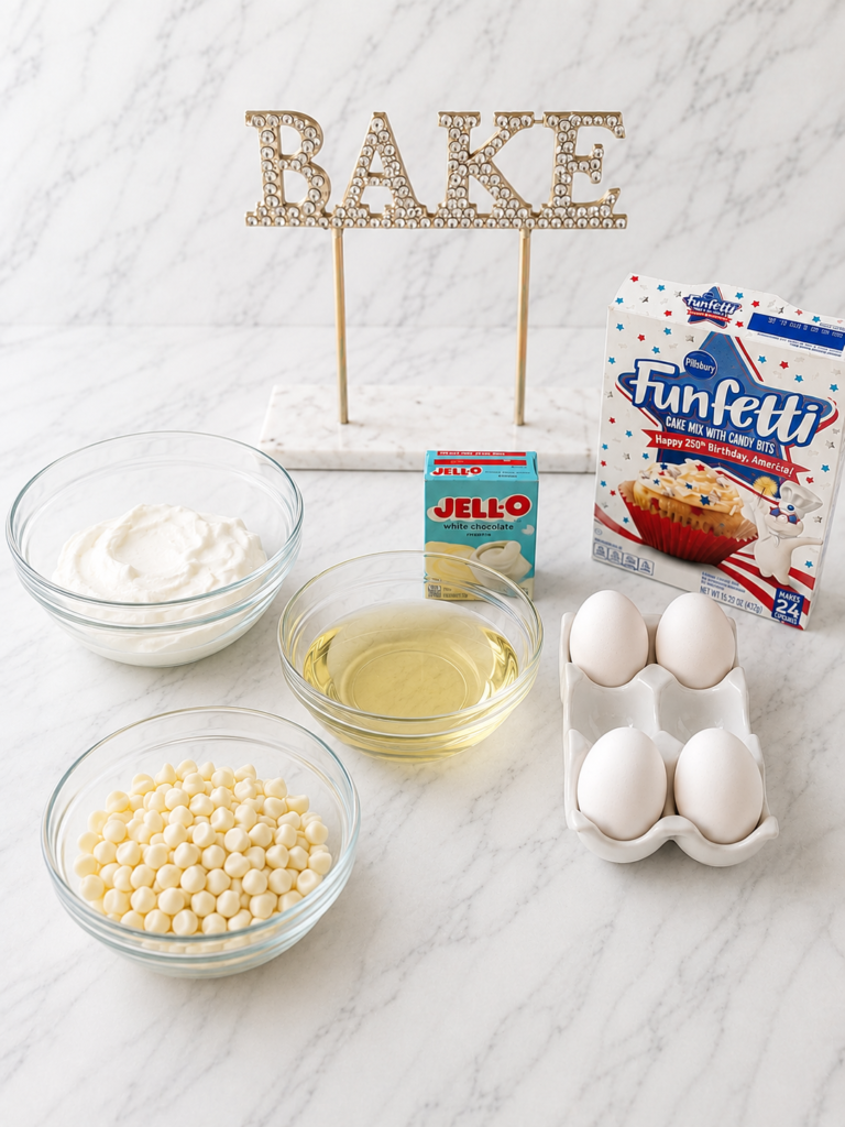 Ingredients for a Funfetti cake recipe including Pillsbury Funfetti cake mix, sour cream, canola oil, eggs, white chocolate pudding mix, and white baking chips on a marble background.
