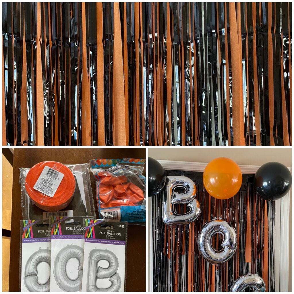 Orange and black Halloween backdrop with silver Boo balloons