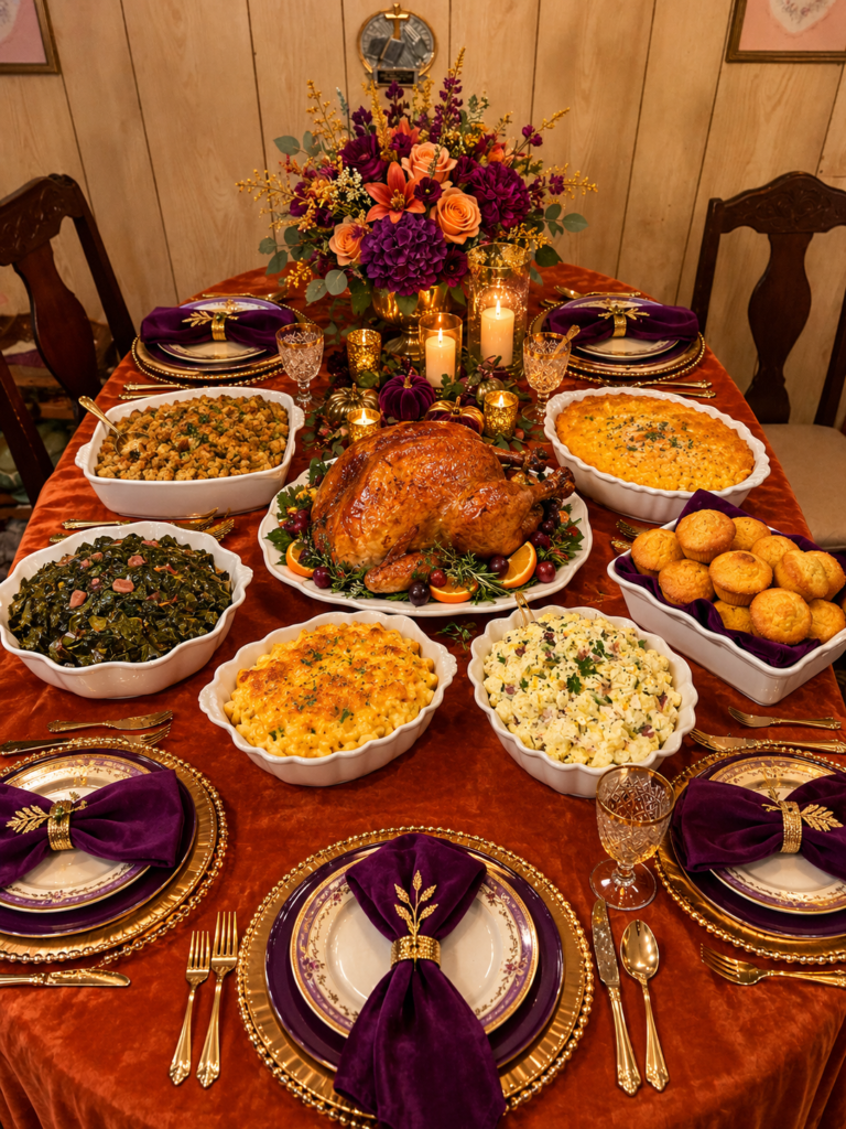 Elegant Thanksgiving Dinner Table with Turkey, Collard Greens, Potato Salad, and more!
